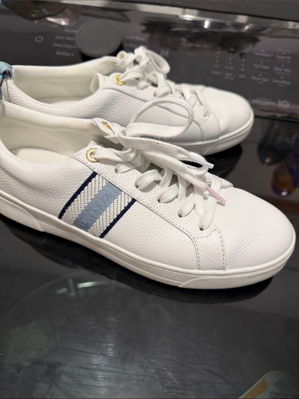 Ted Baker London White Leather Sneakers with Navy and Light Blue Stripes